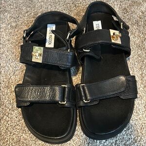 Steve Madden Mona Black Sandals with Gold Buckles